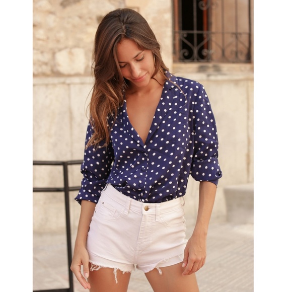 Rouge! Tops - Navy Polka Dot V-neck Button Up Blouse